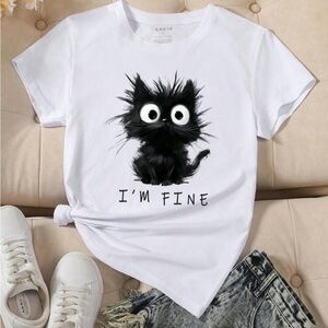 White Tee with Black Cat Graphic